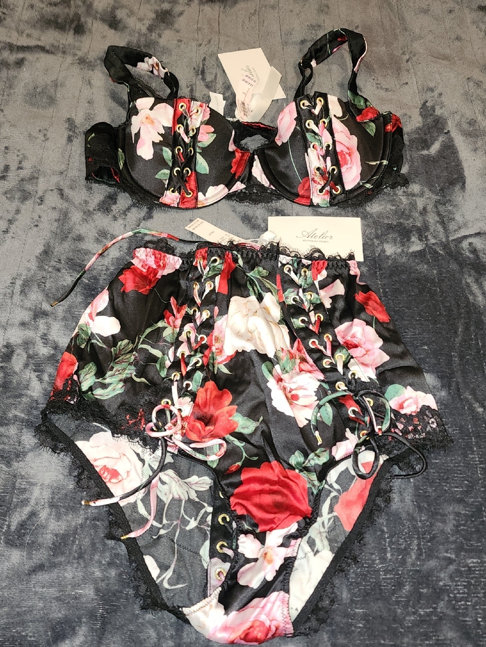 Victoria's Secret Black Floral Lace-Up Satin Bra & High-Waist Brief Set
